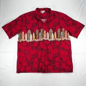 Aloha Republic Hawaiian Shirt Mens 2XL Red Button Up Tropical Floral Surfboard